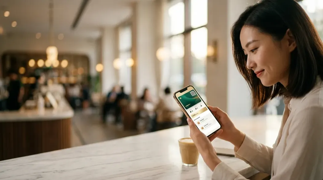 A young Chinese woman in a Shanghai cafe using a WeChat brand loyalty Mini Program on her smartphone