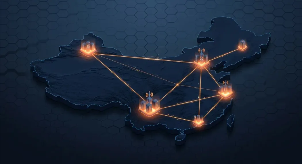 A stylised map of mainland China with glowing data center nodes in Beijing, Shanghai, Shenzhen and Guangzhou connected by a CDN mesh
