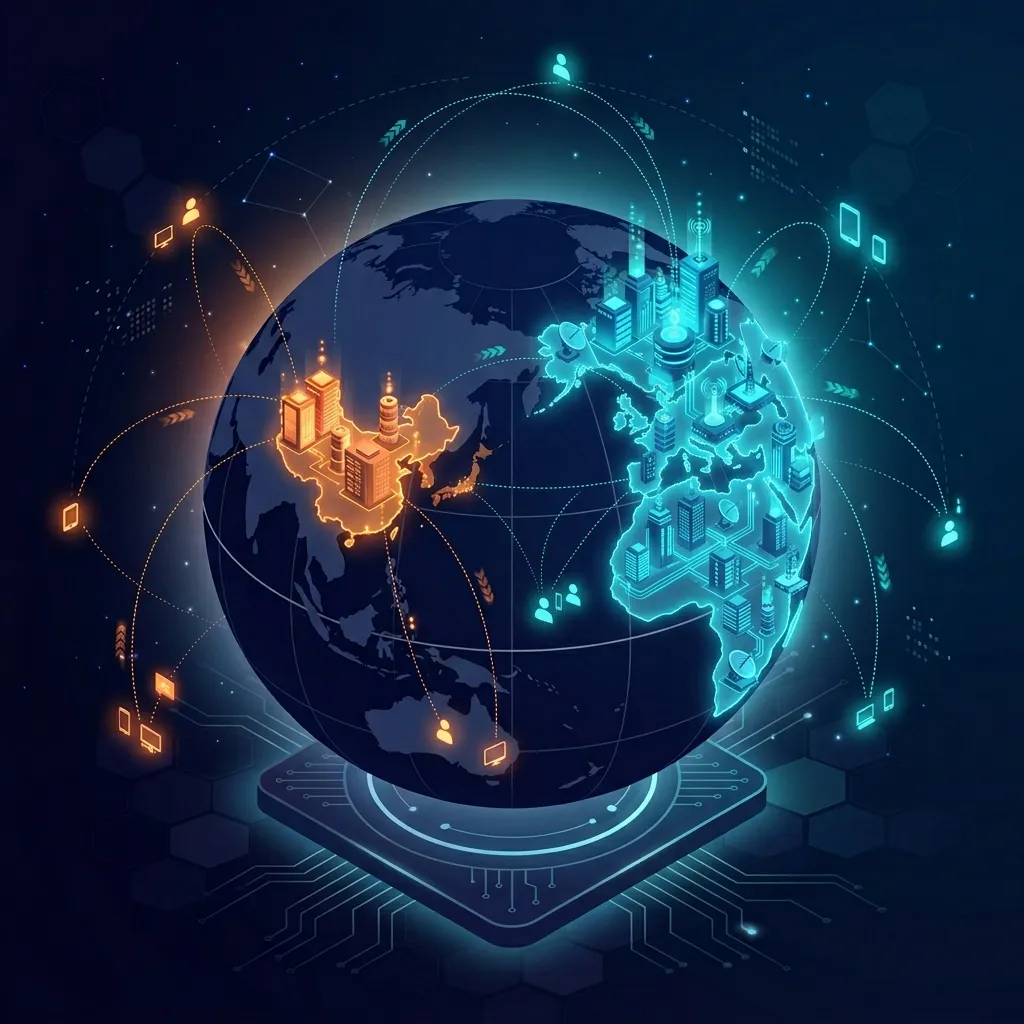 Isometric 3D illustration of a globe with two server clusters glowing (orange over China and cyan over the West) with routing paths splitting traffic by geography