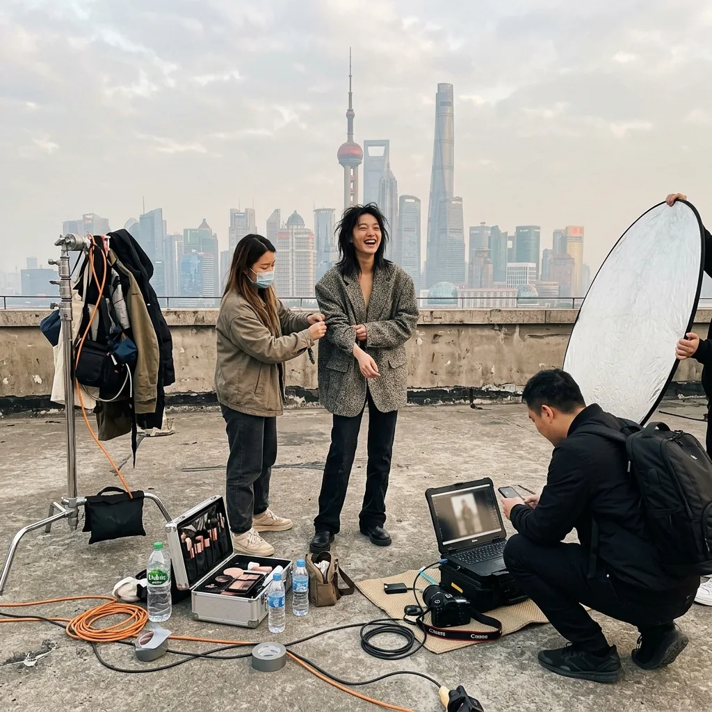 Editorial fashion shoot for a Chinese audience, golden hour Shanghai rooftop