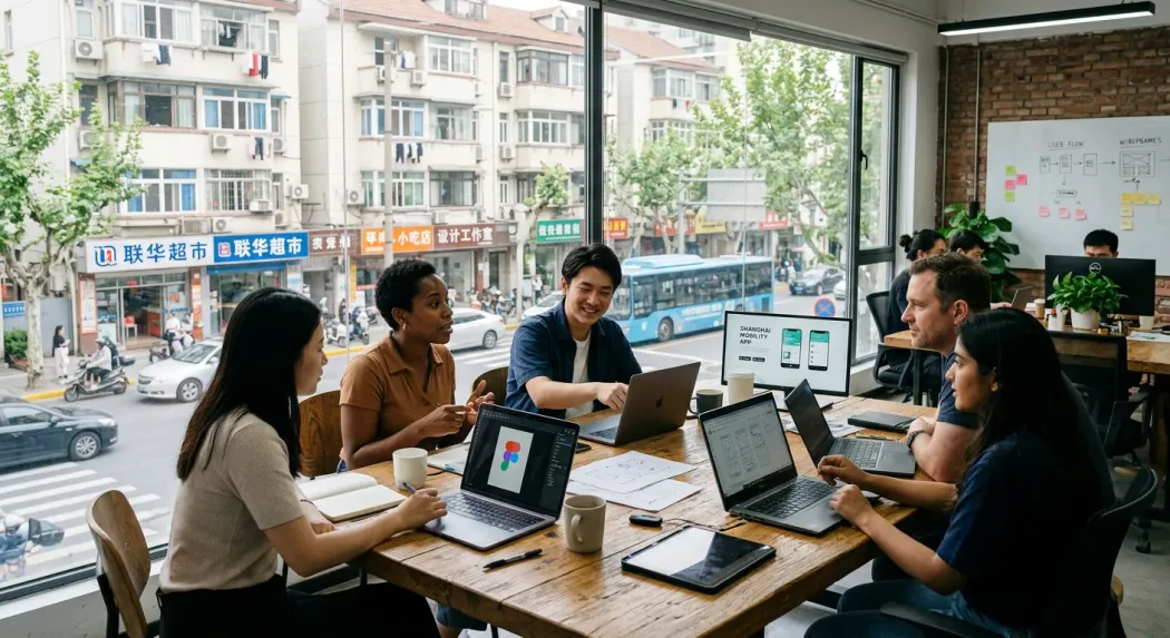 ChinaWebFoundry team working in their Shanghai street-level office