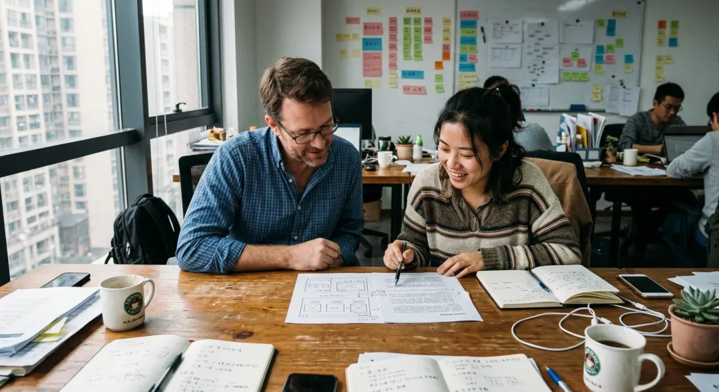 ChinaWebFoundry team reviewing a UX wireframe and Chinese content strategy in a Hangzhou office