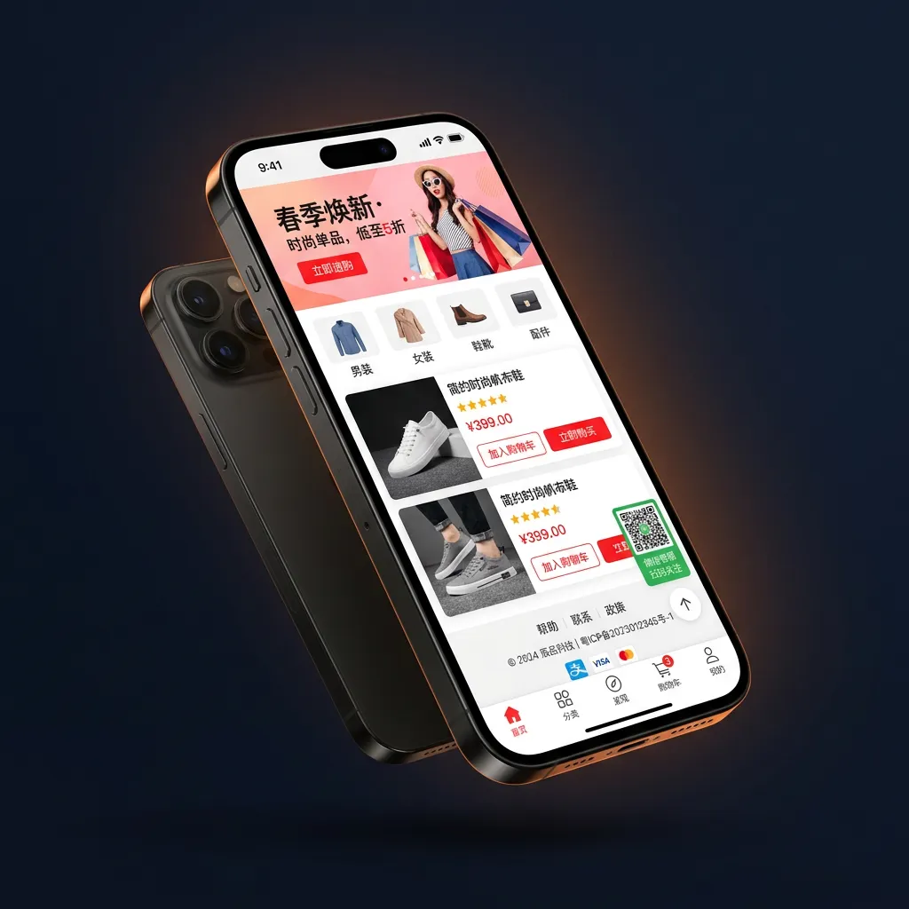 A WordPress mobile homepage designed for Chinese users, with red accents, WeChat QR code, and ICP licence