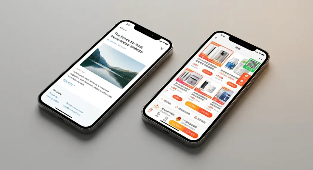 Two phones side by side, one showing a sparse Western-style site, the other a dense Chinese-style site with WeChat QR and trust signals