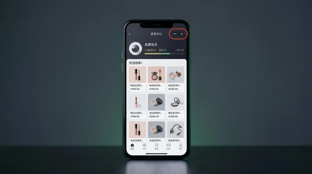 Native WeChat Mini Program interface mockup with tab navigation, membership card, and product grid