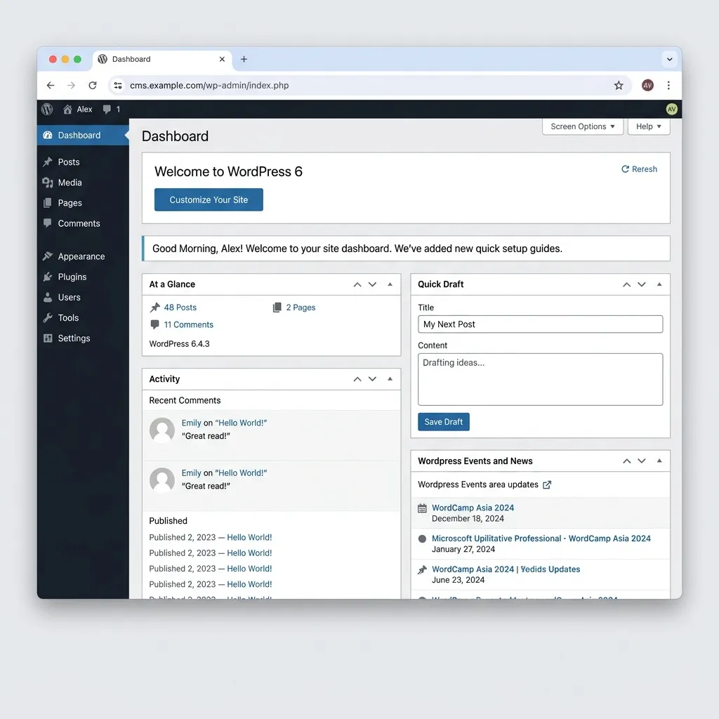 The WordPress wp-admin dashboard interface, showing the sidebar, welcome panel and dashboard widgets